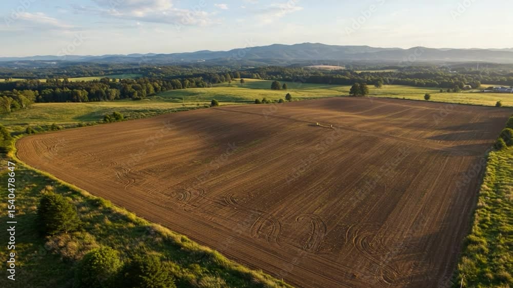 Aerial view of tilled field surrounded by trees and mountains landscape Aerial view of tilled field surrounded by trees and mountains landscape