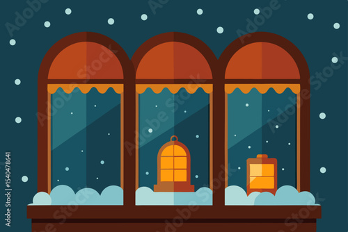 a warm lit antique shop window packed with glowing.svg