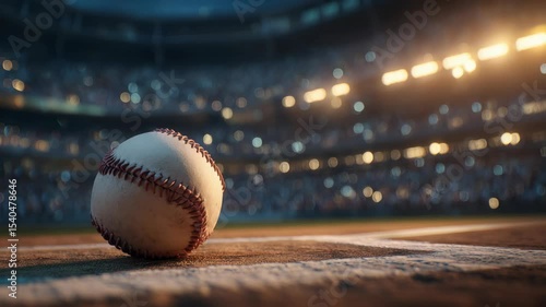 Closeup of a baseball on the infield dirt, showcasing the stadium atmosphere