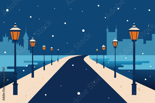 a waterfront promenade with snow falling into 