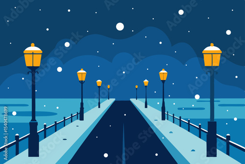 a waterfront promenade with snow falling 