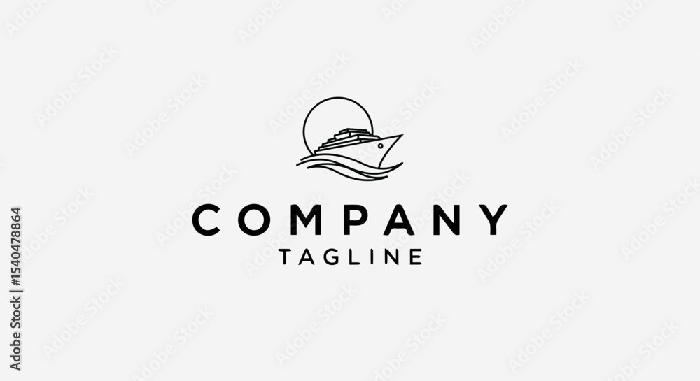 Minimalist Black Line Art Logo of a Cruise Ship on Waves with Sun or Moon Backdrop Centered on White Background Minimalist Black Line Art Logo of a Cruise Ship on Waves with Sun or Moon Backdrop Centered on White Background