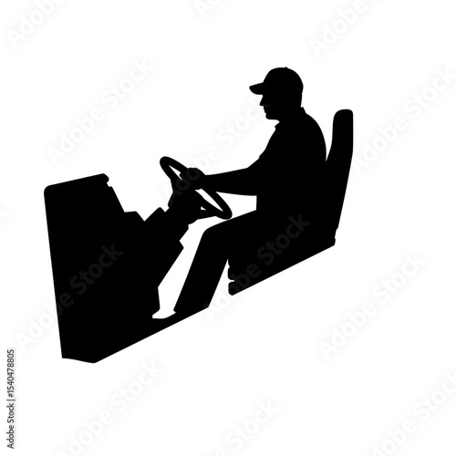 Truck driver black silhouette vector icon sitting in a truck cabin holding steering wheel