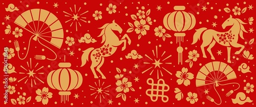 Chinese New Year 2026 Year of the Horse. Design template for festive illustrations, greeting cards and banners.