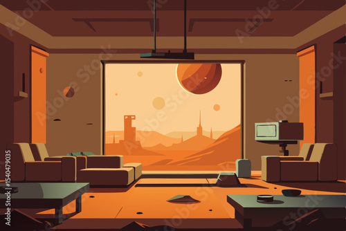 abandoned planet colony living room with dust 