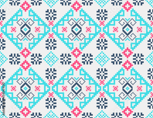 Cross stitch pattern concept showcasing traditional ethnic geometric pattern, Design for textile, background,carpet,wallpaper,clothing,wrapping,Batik,fabric,Vector illustration	
