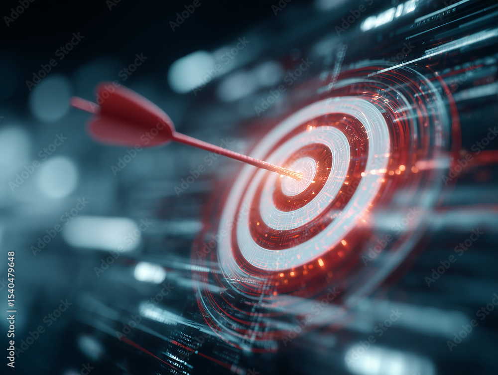 Fototapeta premium Digital dart hitting red target on futuristic interface, precision concept, business success, goal achievement, marketing strategy, technology and innovation theme.