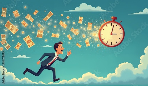 Businessman chasing money with a stopwatch in the sky