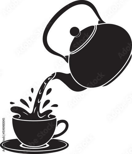 Black and white illustration of a teapot pouring liquid into a teacup with splashes