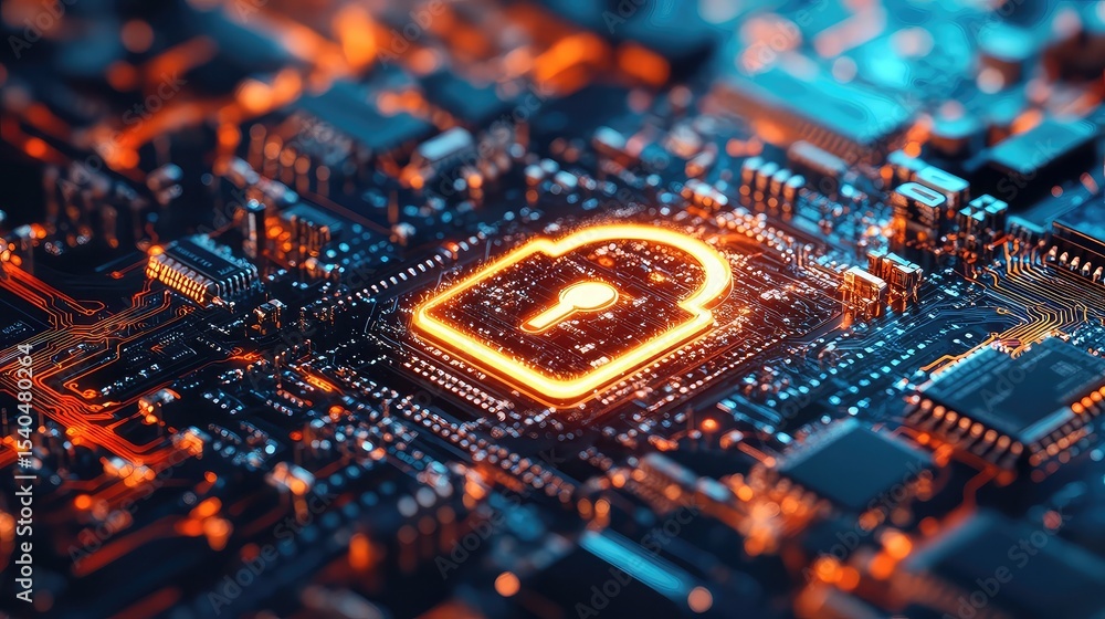 Fototapeta premium Digital security concept featuring a lock symbol on a circuit board background.