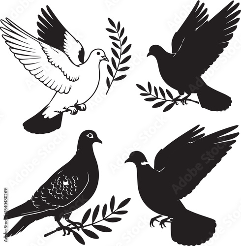 Elegant illustration of white pigeons with olive branch silhouettes on a clean white background
