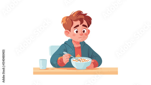 A cartoon illustration depicting a young boy with short brown hair sitting at a table. He's eating cereal from a white bowl with a spoon. A glass of milk is beside the bowl on the table. The style