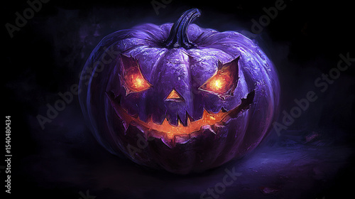 glowing purple Halloween pumpkin with sinister grin illuminates darkness