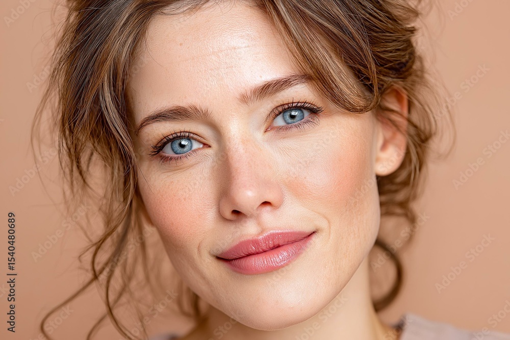 Obraz premium A close-up portrait of a young woman with a natural look, showcasing her clear blue eyes and soft smile.