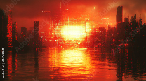 Cyberpunk city explosion over water at sunset