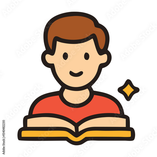 Student reading an open book. Suitable for educational materials, children’s books, and literacy campaigns. Bright and cheerful illustration style.