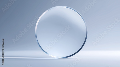 Minimalist close-up of a transparent glass lens with a smooth, circular design, isolated on a light background. Ideal for technology, optical products, or scientific branding use.