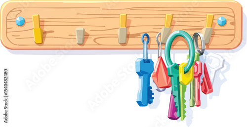 Colorful cartoon keys hanging on wooden key holder isolated on white background.