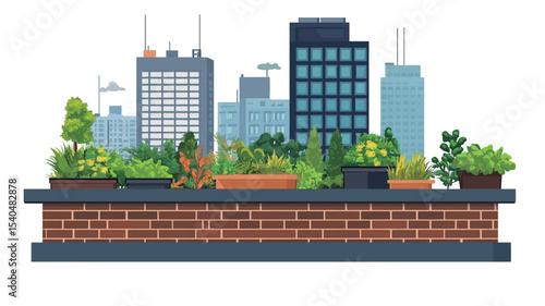 A digital illustration depicting a rooftop garden with various potted plants and greenery situated against a backdrop of a modern city skyline. The rooftop garden is shown with a brick wall and