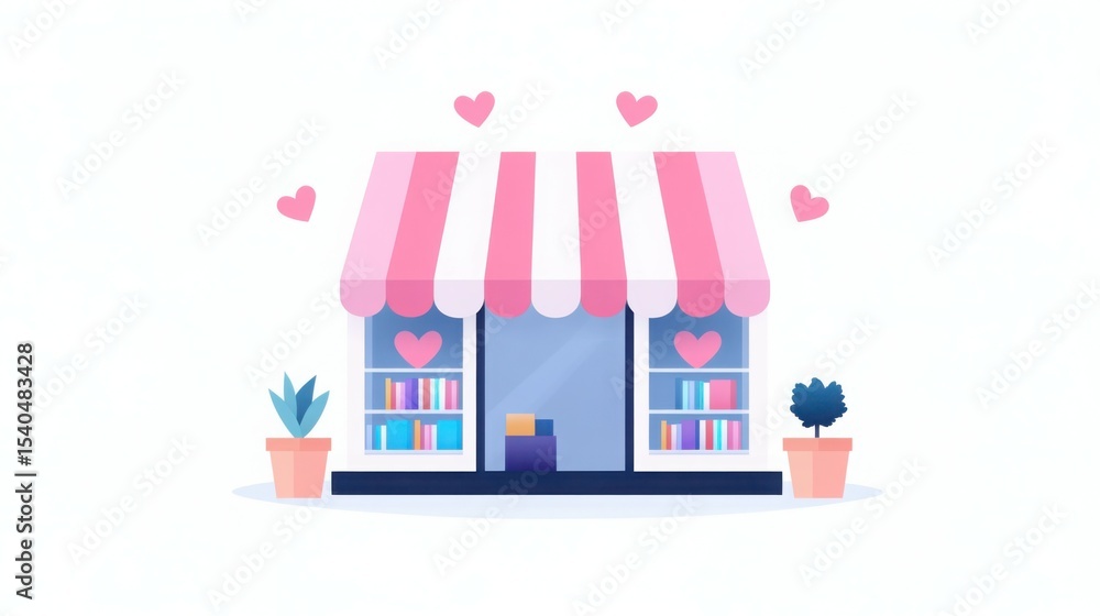 Fototapeta premium Small Business With Love: a small, beautifully crafted shopfront, radiating warmth and affection with its delicate pink and white hues and heart accents, creating a sense of charm and allure.