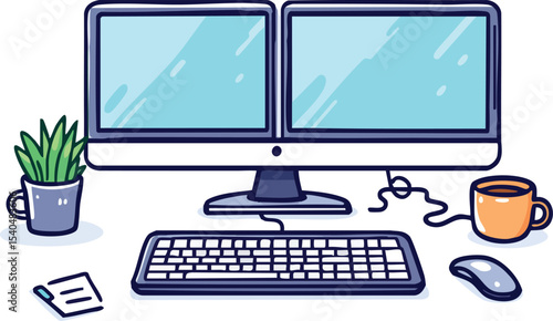 Colorful illustration of a modern desk setup with dual monitors and office accessories.