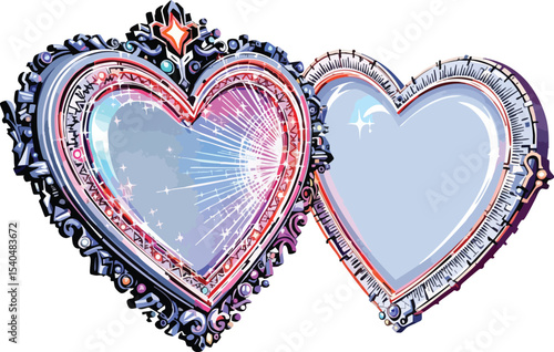 Elegant heart-shaped locket illustration with ornate frame and sparkling light effects.
