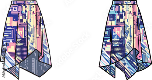 Fashionable abstract skirt design in two variations illustrating geometrical colorful pattern.