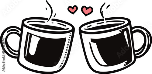 Two cups of coffee toasting with steaming aroma and pink hearts for romance.