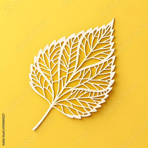 Intricate white paper cut leaf on yellow background