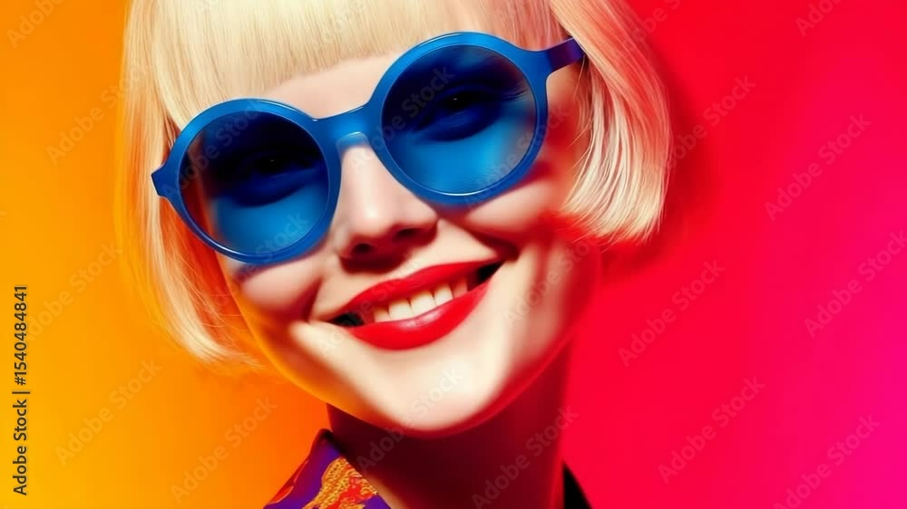 Vibrant portrait of a stylish woman with blue sunglasses against a vivid gradient background Vibrant portrait of a stylish woman with blue sunglasses against a vivid gradient background
