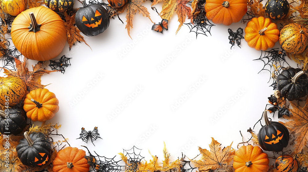 Fototapeta premium Spooky Halloween frame with pumpkins, leaves, and decorations for festive vibes
