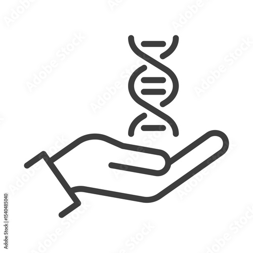 DNA medical test clip art icon symbol, genetic research, hand holding DNA helix, scientific experiment concept, human genome code, isolated line vector illustration