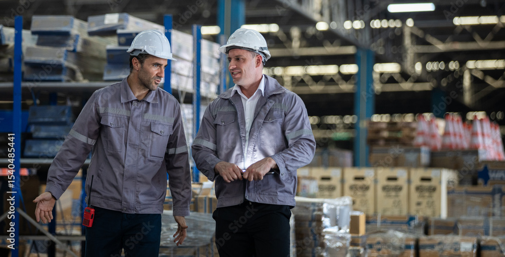 Two men converse actively in a spacious warehouse filled with stacked materials. Both wear safety helmets and work attire, illustrating a focus on teamwork and communication in an industrial setting. Two men converse actively in a spacious warehouse filled with stacked materials. Both wear safety helmets and work attire, illustrating a focus on teamwork and communication in an industrial setting.