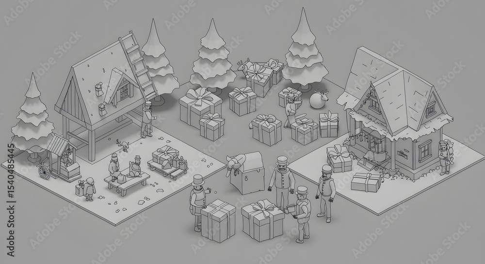 Obraz premium Christmas scene made entirely from wireframe outlines on light grey paper, isometric view 3