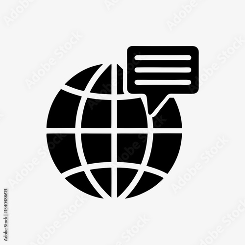 Global communication icon with speech bubble and globe, black and white internet messaging symbol
