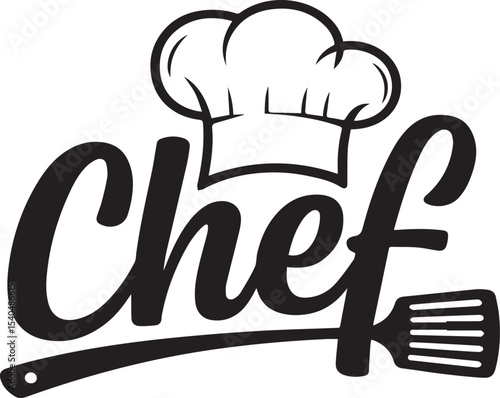 Elegant black and white chef logo featuring hat spatula and stylized handwritten text