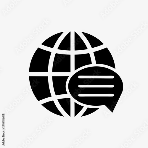 Global communication icon with speech bubble and globe, black and white internet messaging symbol
