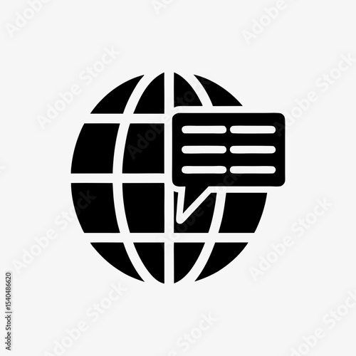 Global communication icon with speech bubble and globe, black and white internet messaging symbol
