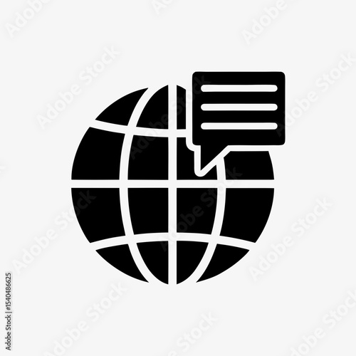 Global communication icon with speech bubble and globe, black and white internet messaging symbol
