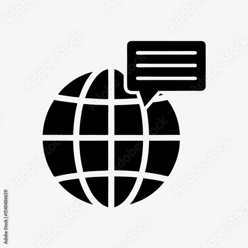 Global communication icon with speech bubble and globe, black and white internet messaging symbol
