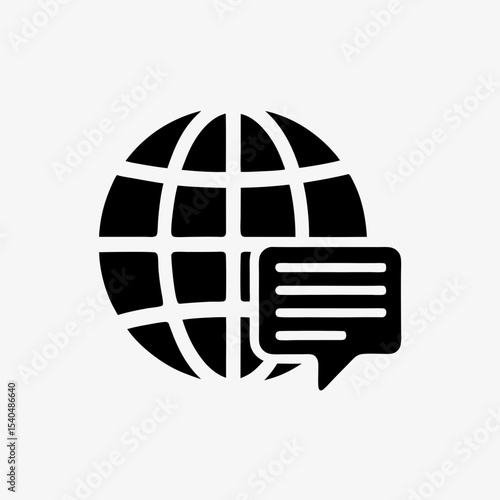 Global communication icon with speech bubble and globe, black and white internet messaging symbol
