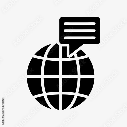 Global communication icon with speech bubble and globe, black and white internet messaging symbol
