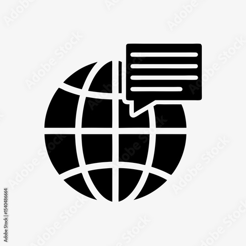 Global communication icon with speech bubble and globe, black and white internet messaging symbol

