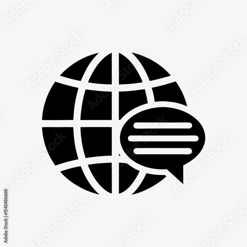 Global communication icon with speech bubble and globe, black and white internet messaging symbol
