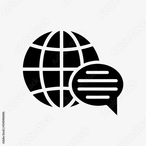 Global communication icon with speech bubble and globe, black and white internet messaging symbol
