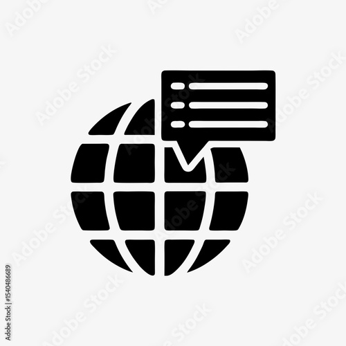 Global communication icon with speech bubble and globe, black and white internet messaging symbol
