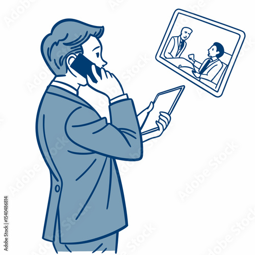 Businessman multitasking phone call tablet video conference
