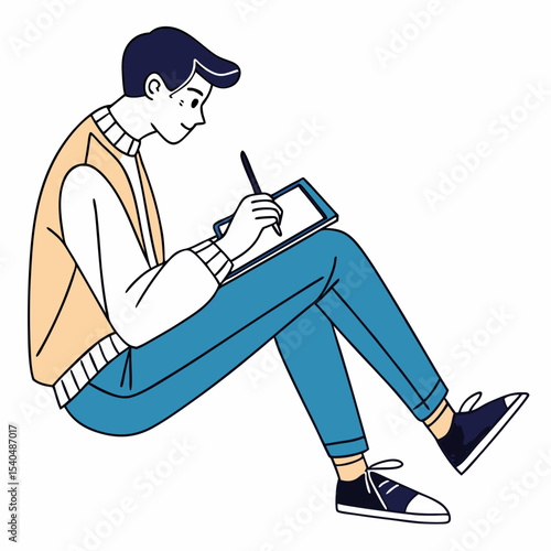 Young man using digital tablet stylus on white background