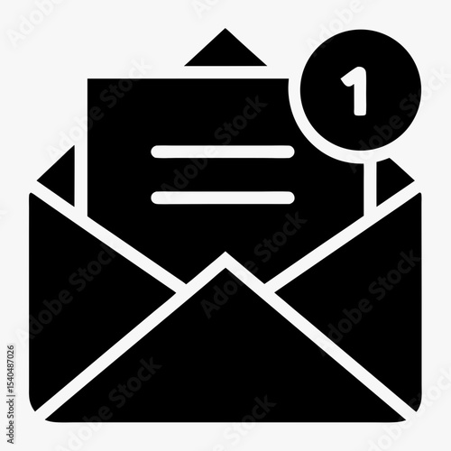 New message notification icon with envelope and alert badge, black and white email symbol on white background
