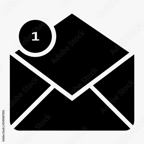 New message notification icon with envelope and alert badge, black and white email symbol on white background
